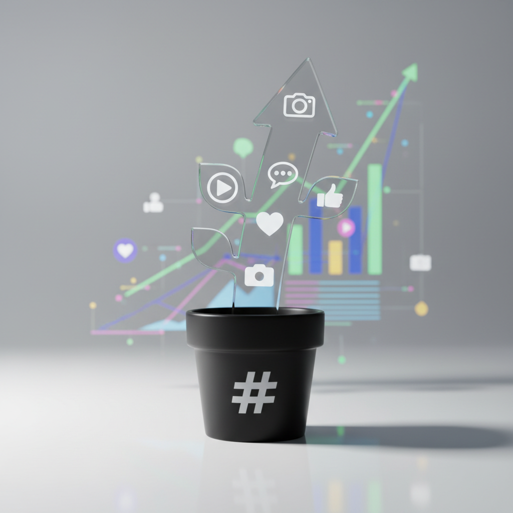 A powerful visual metaphor of brand growth: a sleek, transparent acrylic plant in the shape of an upward arrow, each leaf resembling a minimalist social media icon, emerging from a matte black pot labeled with a simple white hashtag. The plant sits on a reflective white surface in front of a blurred background of colorful, out-of-focus graphs and notifications. Bright, directional studio lighting from the left creates crisp highlights and clean shadows, enhancing the glossy, futuristic textures. Shot at a slightly elevated angle with shallow depth of field, the composition centers the arrow-plant, evoking the feeling of continuous growth, inspiration, and bold, data-driven creativity in a photographic realism style.