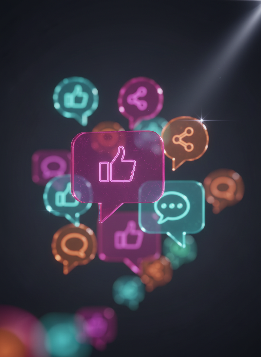 A dramatic close-up of multiple floating, translucent speech bubbles and notification badges made of glassy acrylic in magenta, cyan, and tangerine, suspended in mid-air above a dark gradient background. Inside some bubbles, simplified icons of likes, shares, and comments glow softly. A narrow beam of spotlight from the top right creates bright rims of light and sparkling reflections, with tiny lens flares adding intensity. Captured with a macro lens effect and very shallow depth of field, only a few foreground bubbles are sharply focused while others melt into colorful bokeh. The mood is energetic and bold, visually representing vibrant social media conversations in a sleek, photographic realism aesthetic.