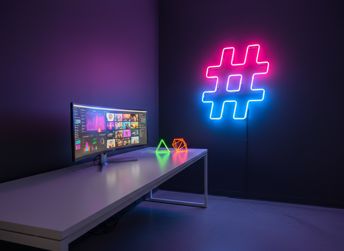 A minimalist yet striking workspace dedicated to creative content strategy: a pristine, long white desk against a deep charcoal wall where a huge, glowing neon hashtag symbol in hot pink and electric blue dominates the scene. On the desk, a single ultra-wide monitor displays a vivid grid of scheduled posts and analytics. A few geometric decor objects in contrasting neon colors echo the brand’s bold personality. Soft, indirect studio lighting balances the neon’s glow, avoiding harsh shadows while maintaining drama. Photographed at a slightly elevated, wide-angle perspective with leading lines guiding the eye to the hashtag, the atmosphere feels focused, modern, and fearlessly creative, with crisp photographic realism.