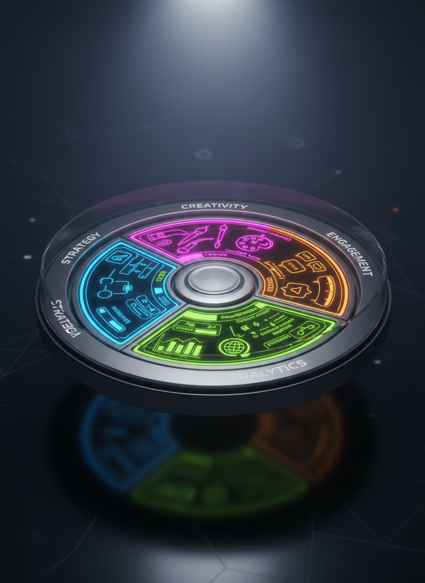 An imaginative representation of a brand’s social media ecosystem as a floating, circular control panel made of brushed metal and glossy glass, hovering above a dark, reflective surface. The panel is divided into colorful segments—strategy, creativity, analytics, engagement—each lit in a different neon shade with tiny animated-style icons and gauges. A soft white spotlight from above creates a bright halo on the panel and a sharp reflection below, while the background fades into a deep gradient. Captured from a three-quarter overhead angle with sharp focus, the scene suggests precision and mastery in digital marketing, conveying a bold, futuristic, photographic realism aesthetic.