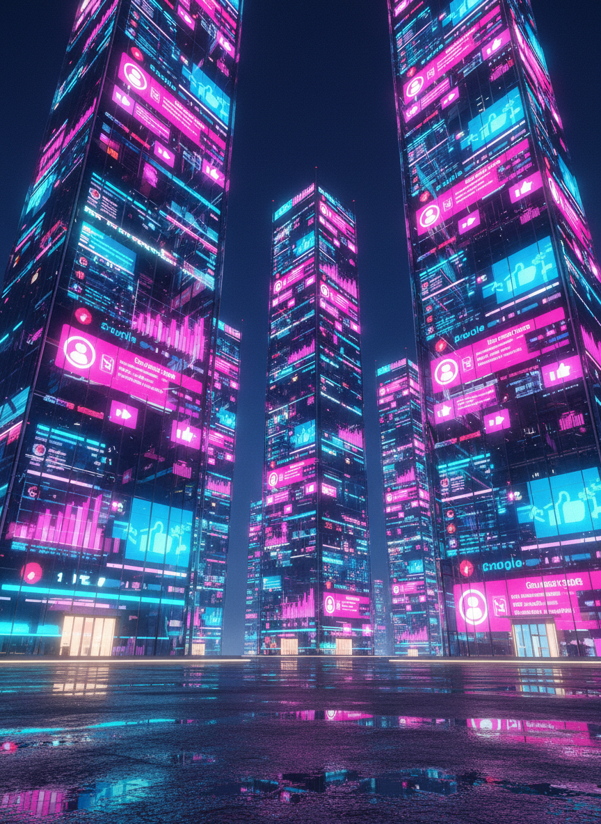 A stylized cityscape at night where towering glass buildings transform into giant vertical social media feeds, each facade displaying vivid posts, stories, and analytics graphs in motion. The skyscrapers glow in hot pink, electric blue, and vibrant orange against a deep indigo sky, their colors reflecting on a wet, mirror-like pavement below. Strong neon-style lighting and high contrast create a cinematic, futuristic mood. Captured from a low-angle perspective looking up, with sharp focus throughout, the composition emphasizes scale and energy, symbolizing brands that come alive and dominate the digital world. Photographic realism blended with a clean, modern cyberpunk edge, perfectly echoing bold, creative digital marketing.