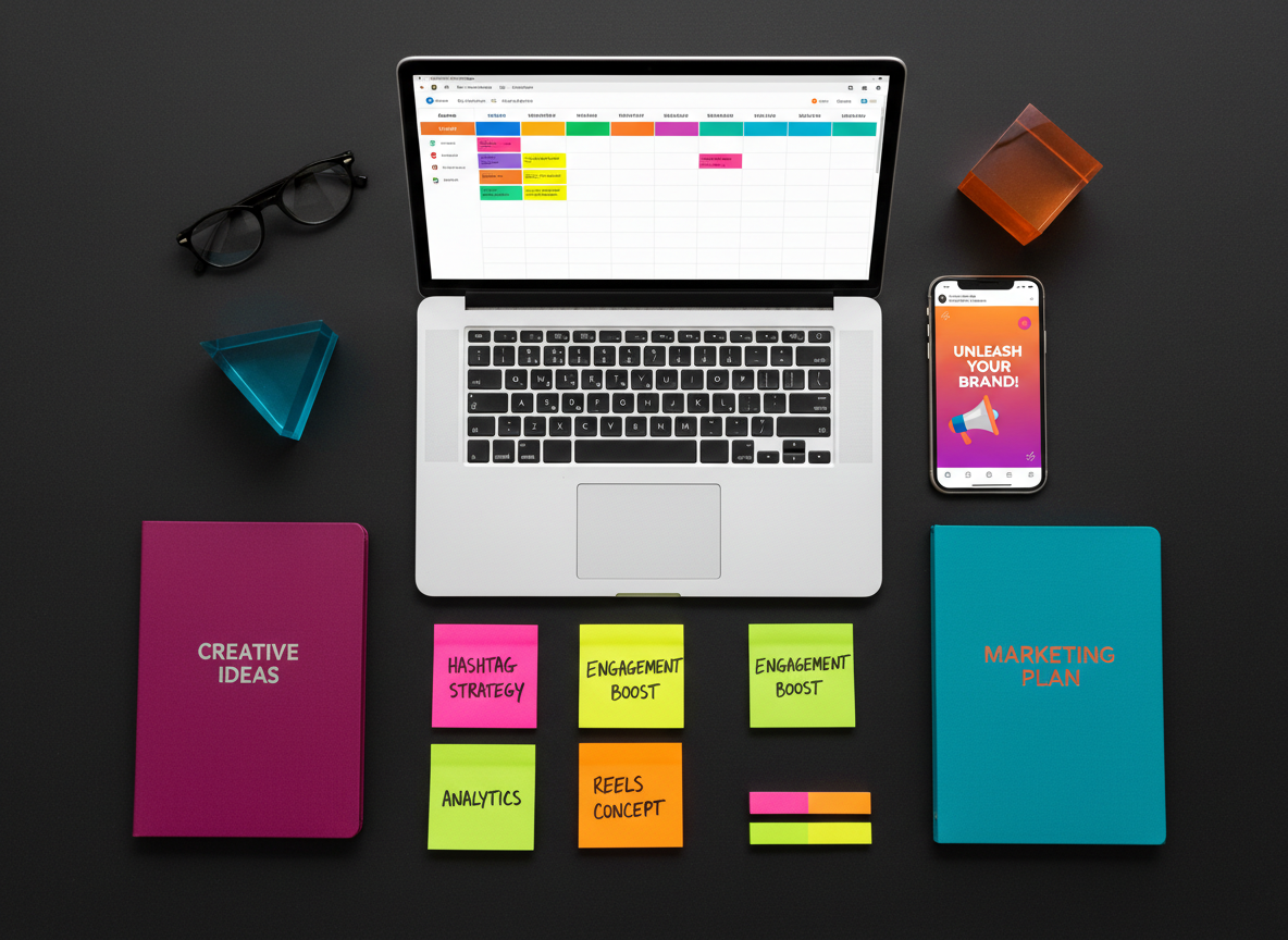 A meticulously arranged flat lay of social media management tools on a matte black tabletop: a sleek silver laptop showing a colorful content calendar, a modern smartphone with a bold, eye-catching post on screen, sticky notes in neon hues with handwritten strategy keywords, and branded notebooks in magenta and teal. A pair of geometric acrylic shapes in bright colors add a creative touch. Overhead softbox lighting produces even, diffused illumination with crisp, minimal shadows, highlighting textures like brushed metal and smooth paper. Shot from a perfect bird’s eye view with balanced, symmetrical composition, the scene feels organized, energetic, and ready for bold creative marketing execution in a photographic realism style.