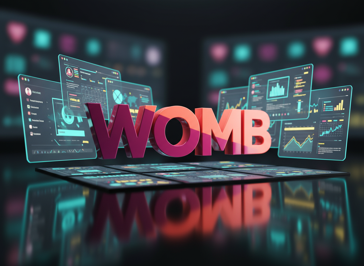 A bold, stylized brand “WOMB” logo constructed from three-dimensional glossy letters in deep magenta and electric coral, floating above a sleek black glass desk. Around the desk, multiple vibrant digital screens display colorful social media dashboards, post calendars, and analytic charts in cyan and neon yellow accents. Dramatic studio lighting from the side creates sharp reflections and highlights on the shiny surfaces, with a subtle bokeh of blurred interface icons in the background. Shot at eye level with a shallow depth of field, the composition centers the logo, conveying a powerful, creative marketing hub. Photographic realism with a clean, modern, high-contrast aesthetic that feels dynamic and futuristic.