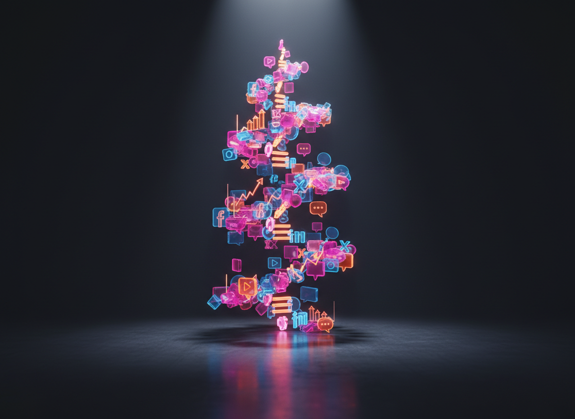 An abstract, photographic representation of a brand’s digital DNA: a luminous spiral of colorful social media icons, stylized graphs, and chat bubbles made of translucent glass, twisting upward in a dark charcoal space. Each element glows in saturated pinks, blues, and oranges, casting soft reflections on a glossy floor. A focused spotlight from above creates dramatic highlights and deep shadows, emphasizing the spiral’s motion. Captured from a slightly low angle with the spiral following the rule of thirds, the mood is bold, innovative, and aspirational, symbolizing creative growth in the digital world. Photographic realism with a vibrant, high-tech aesthetic perfect for a creative marketing agency.