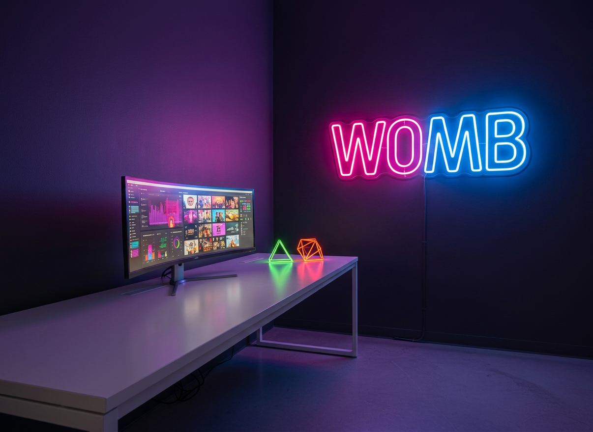 A minimalist yet striking workspace dedicated to creative content strategy: a pristine, long white desk against a deep charcoal wall where a huge, glowing neon hashtag symbol in hot pink and electric blue dominates the scene. On the desk, a single ultra-wide monitor displays a vivid grid of scheduled posts and analytics. A few geometric decor objects in contrasting neon colors echo the brand’s bold personality. Soft, indirect studio lighting balances the neon’s glow, avoiding harsh shadows while maintaining drama. Photographed at a slightly elevated, wide-angle perspective with leading lines guiding the eye to the hashtag, the atmosphere feels focused, modern, and fearlessly creative, with crisp photographic realism.