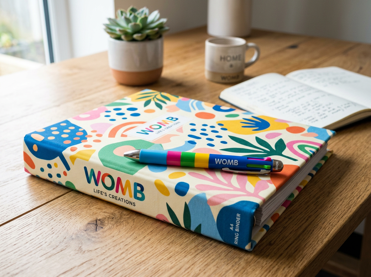 Colorful A4 ring binder labeled WOMB with matching multicolor pen on wooden table